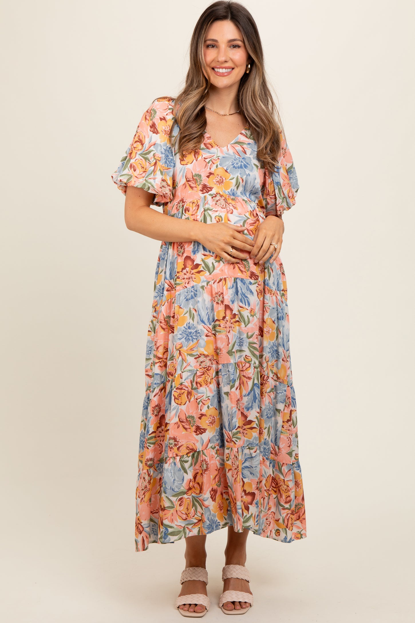 Peach Floral Print Pocketed Maternity Midi Dress