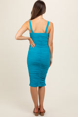 Turquoise Mesh Ruched Bodycon Maternity Midi Dress
