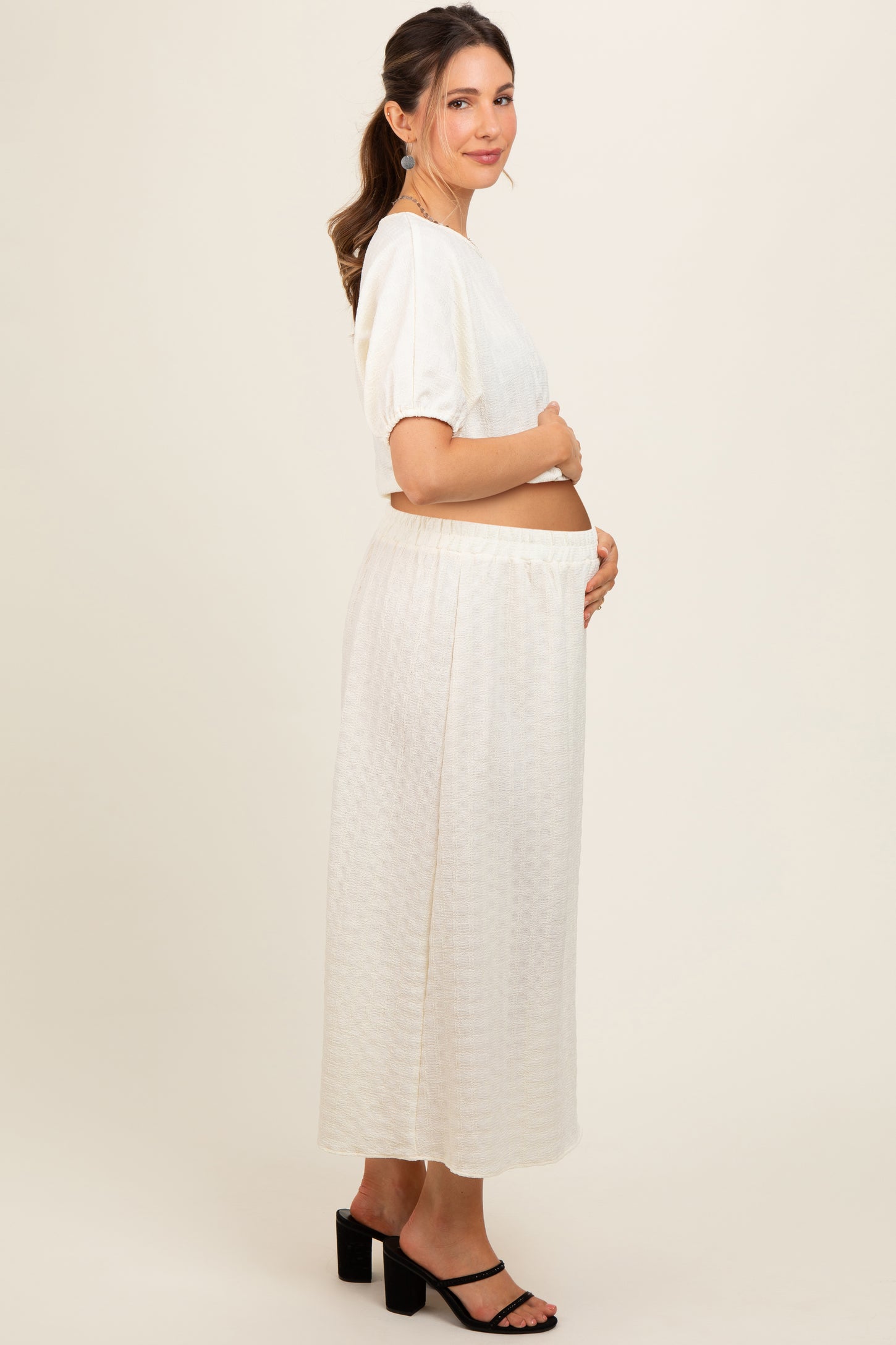 Cream Waffle Texture Crop Top and Skirt Maternity Set