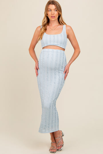 Light Blue Crop Top Side Ruched Long Pencil Skirt Maternity Set