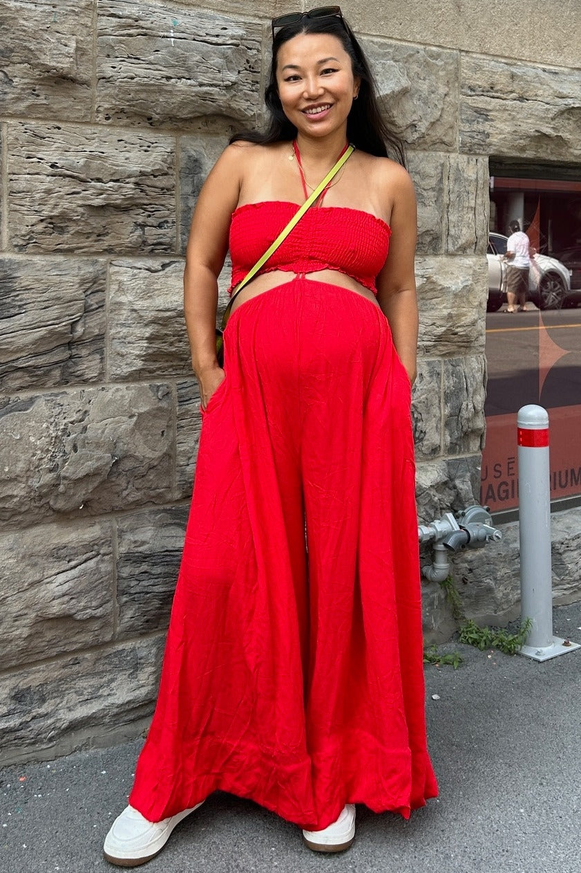 Red Smocked Drawstring Halter Side Cutout Maternity Jumpsuit
