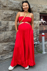 Red Smocked Drawstring Halter Side Cutout Maternity Jumpsuit