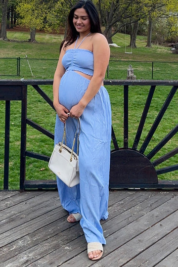 Light Blue Smocked Drawstring Halter Side Cutout Maternity Jumpsuit