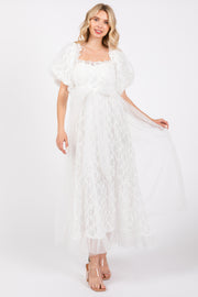 White Balloon Sleeve Embroidery Mesh Midi Dress