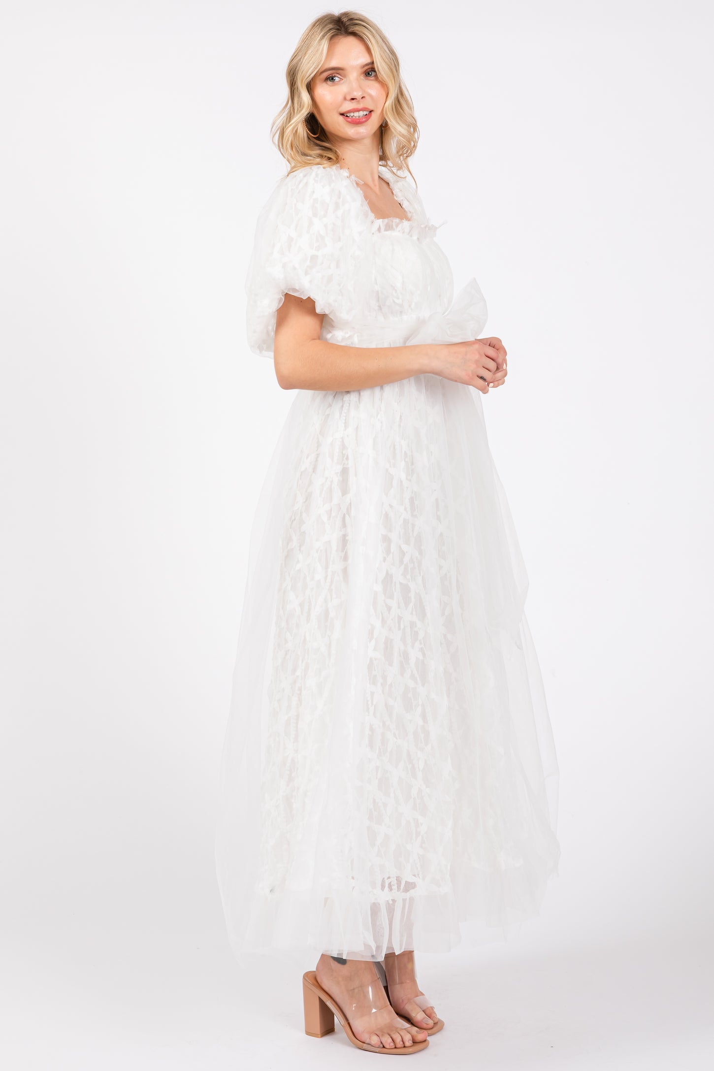 White Balloon Sleeve Embroidery Mesh Midi Dress