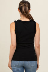 Black Rib Knit Ruffle Trim Sleeveless Maternity Top