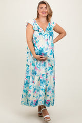 Teal Floral Ruffle Accent V-Neck Maternity Plus Maxi Dress