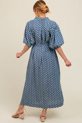 Navy Floral Embroidered Button Down Chambray Maternity Maxi Dress