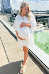White Floral Eyelet Puff Sleeve Maternity Dress