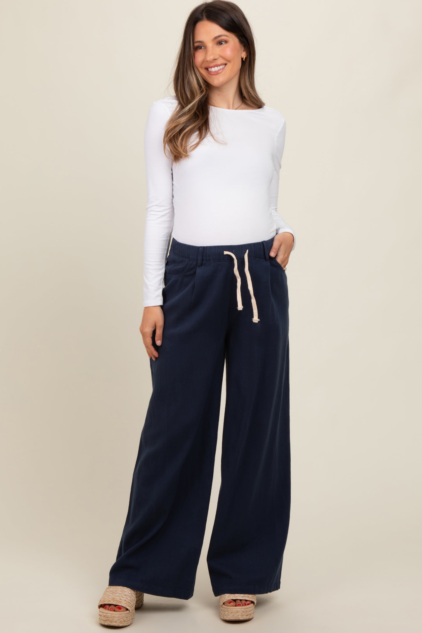 Navy Blue Drawstring Wide Leg Maternity Pants