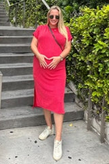 Red Ribbed Short Sleeve Maternity Midi Dress