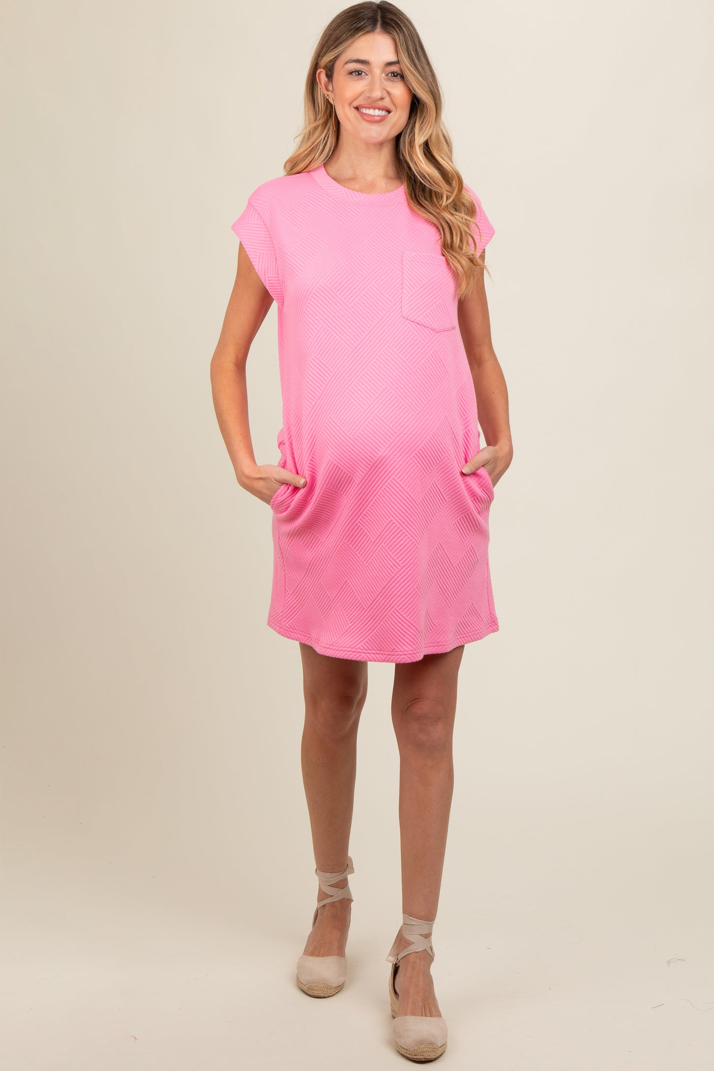 Pink Front Pocket Line Textured Short Sleeve Maternity Dress