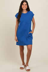 Royal Blue Front Pocket Line Textured Short Sleeve Dress
