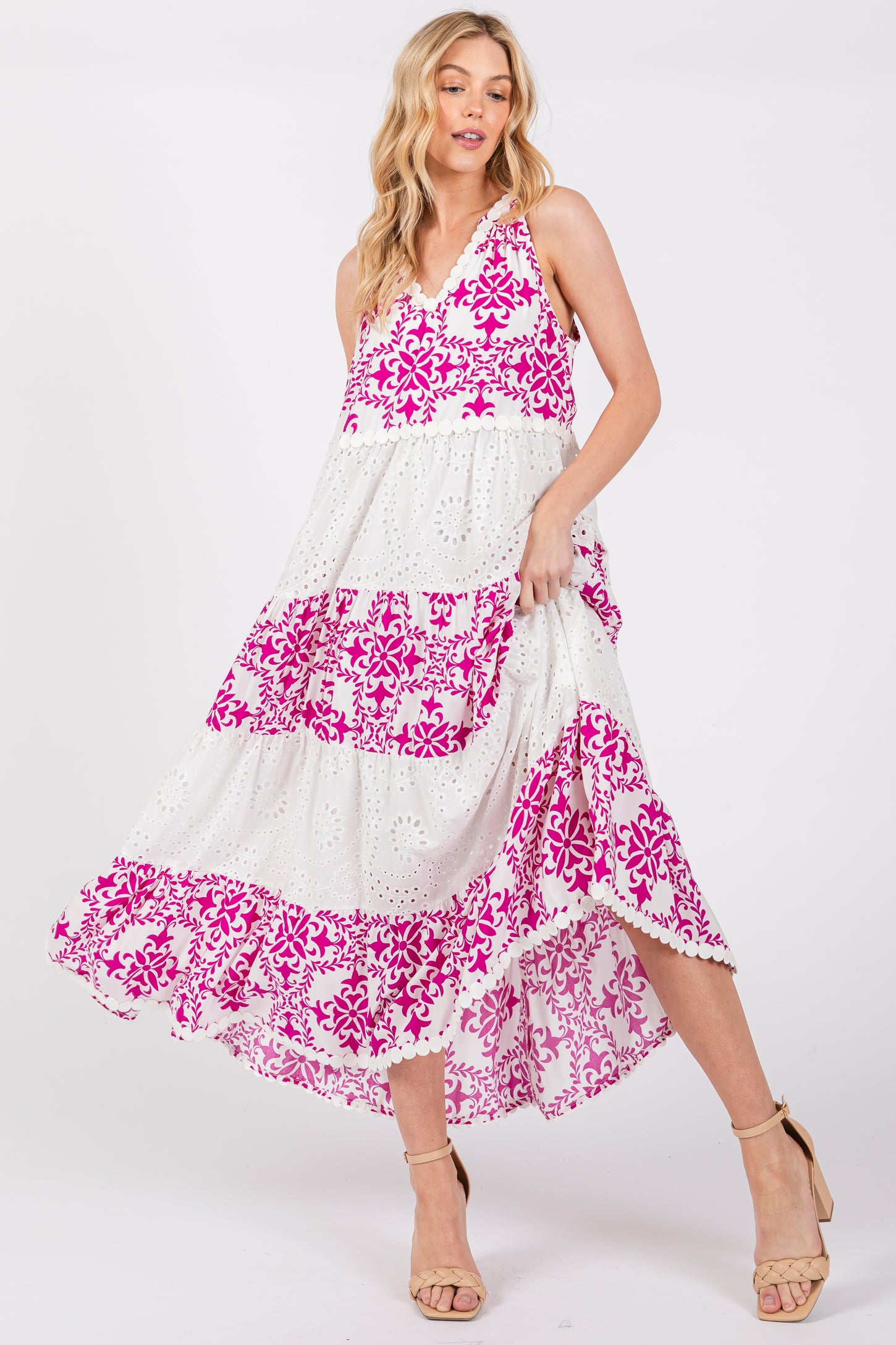 Magenta Printed Eyelet Tiered V-Neckline Sleeveless Maternity Dress