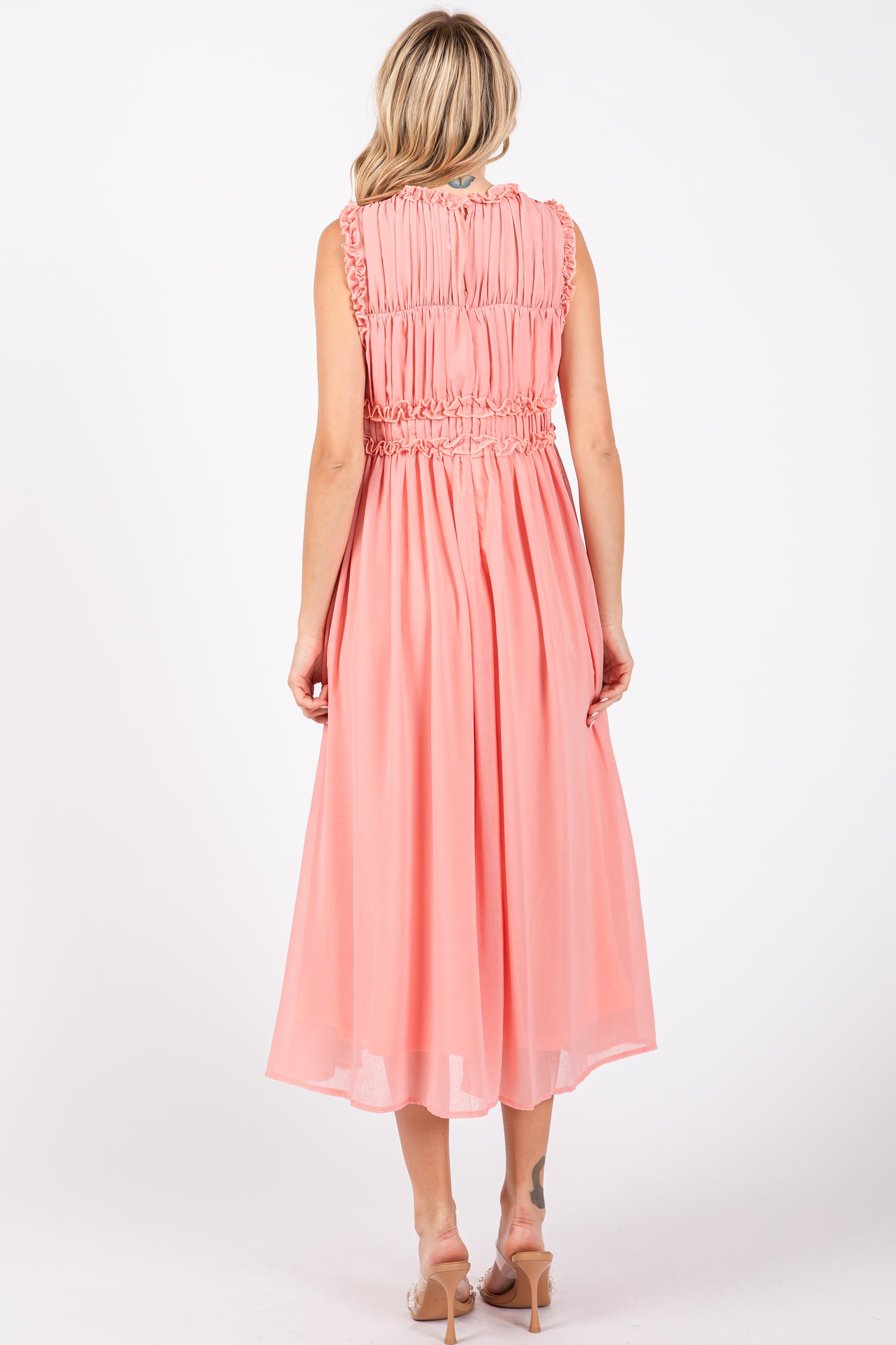 Coral Chiffon Ruched Lettuce Edge Ruffle Midi Dress