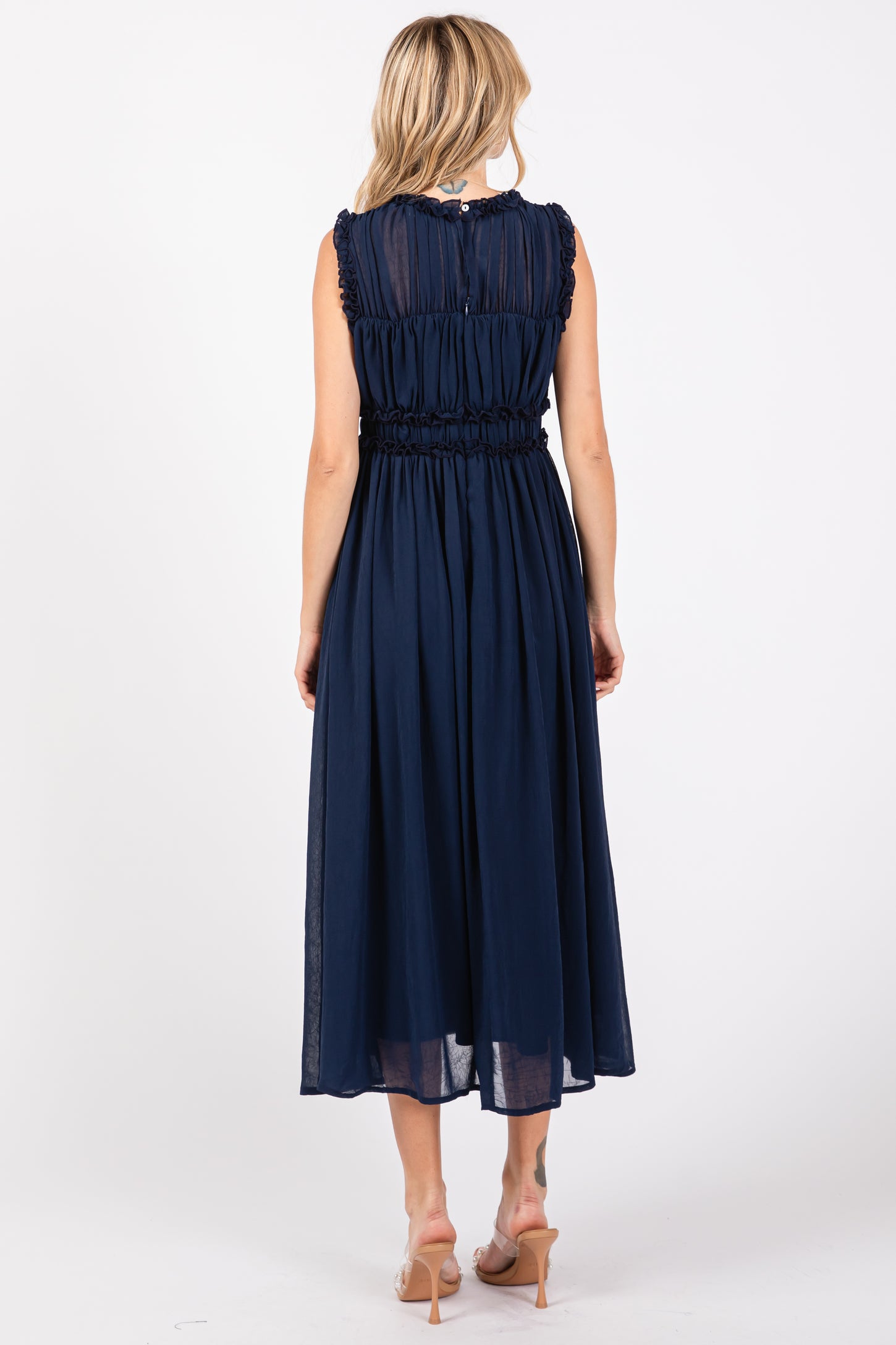 Navy Blue Chiffon Ruched Lettuce Edge Ruffle Midi Dress