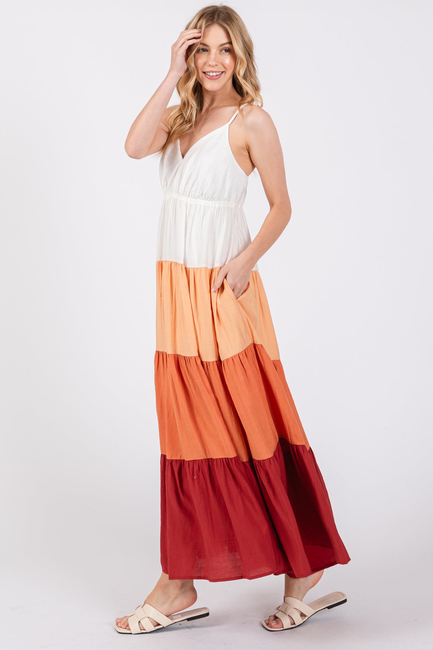 color block midi dress Peach V-Neck Tiered Color Block Midi Dress – PinkBlush