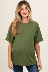 Light Olive Pocket Front Short Sleeve Maternity Top