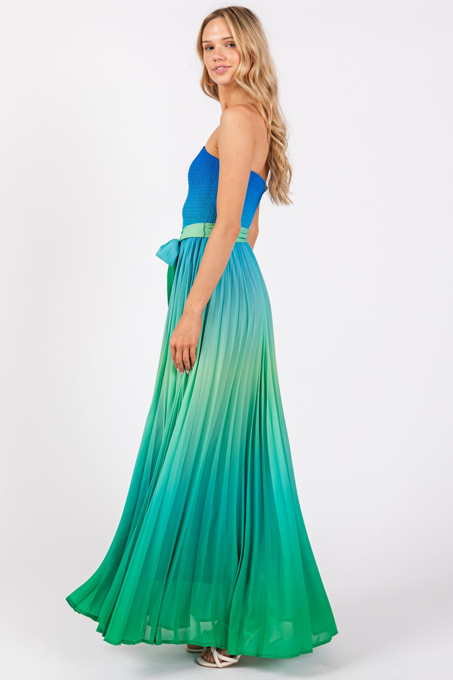 Blue Green Ombre Strapless Pleated Maxi Dress Blue Green Ombre Strapless Pleated Maxi Dress