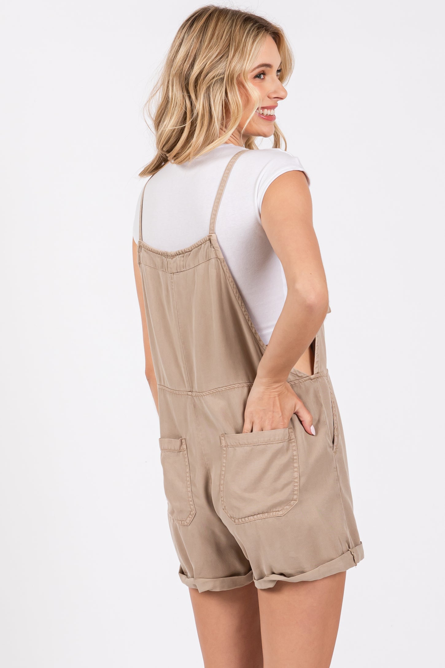 Taupe Front Pocket Overall Shorts