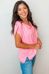 Pink Two Tone Split V-Neck Dolman Short Sleeve Top