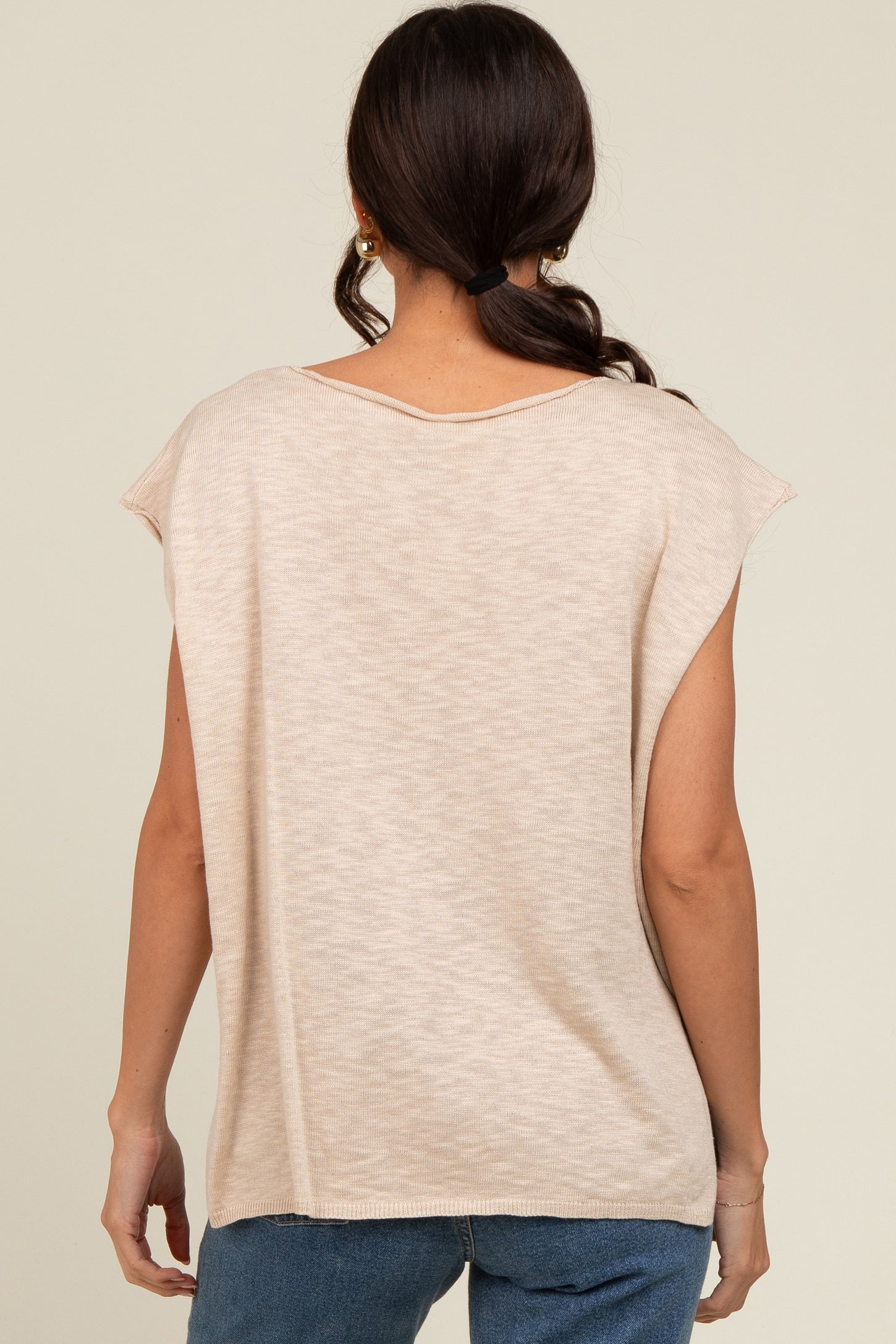 Beige Two Tone Split V-Neck Dolman Short Sleeve Top