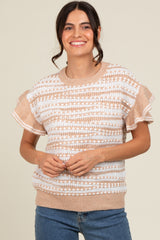 Beige Textured Stripe Ruffle Short Sleeve Sweater