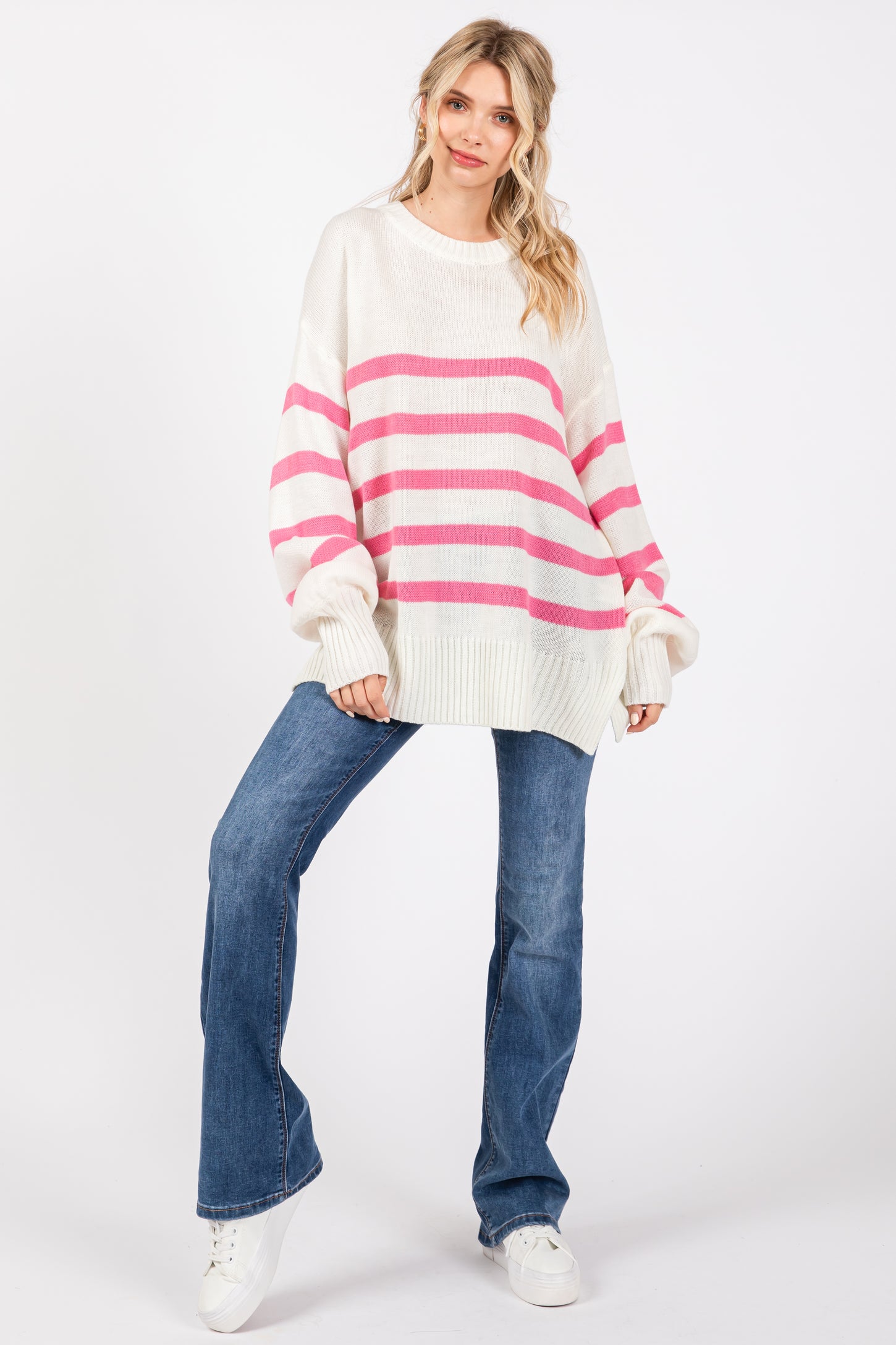Pink Striped Oversized Side Slit Sweater