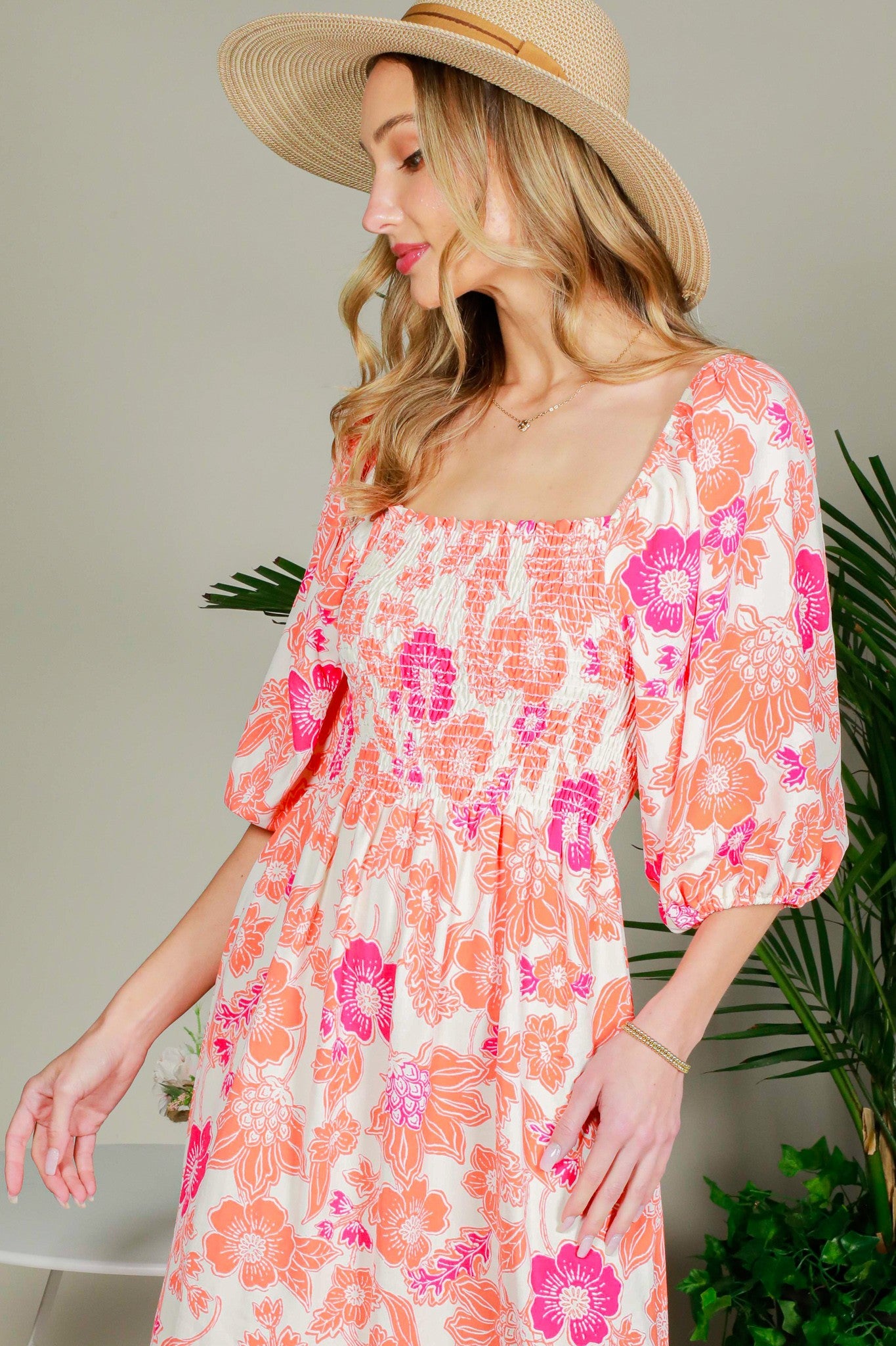 Orange Floral Smocked Square Neck Midi Dress