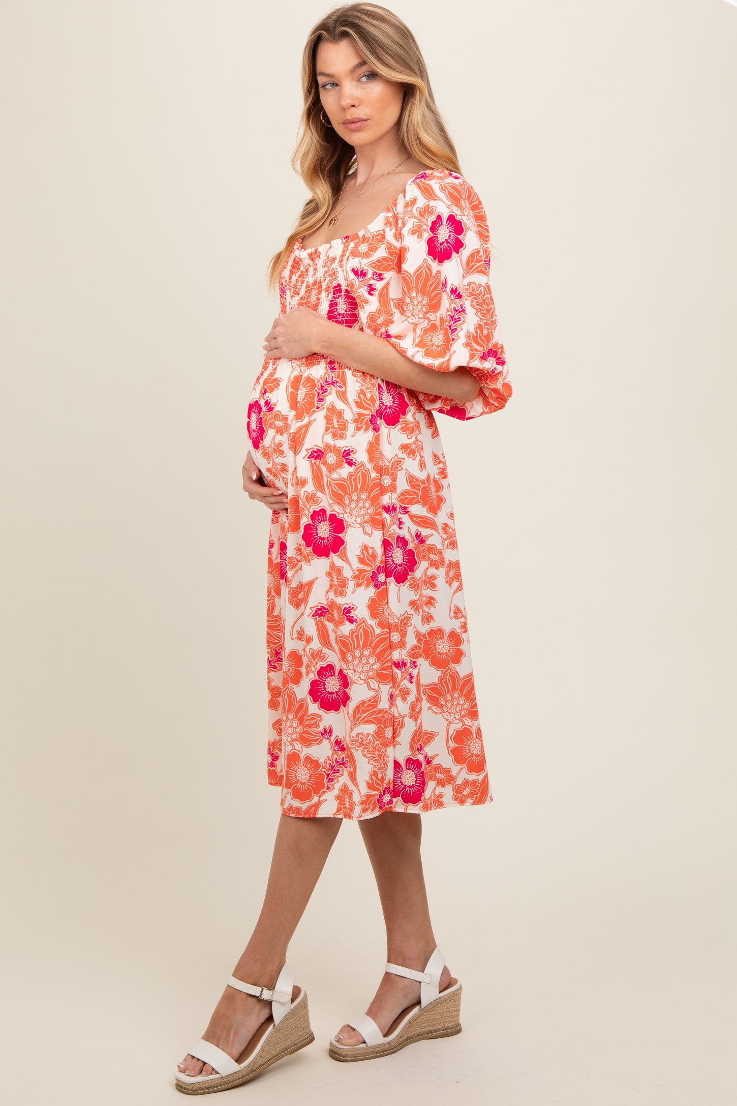 Orange Floral Smocked Square Neck Maternity Midi Dress