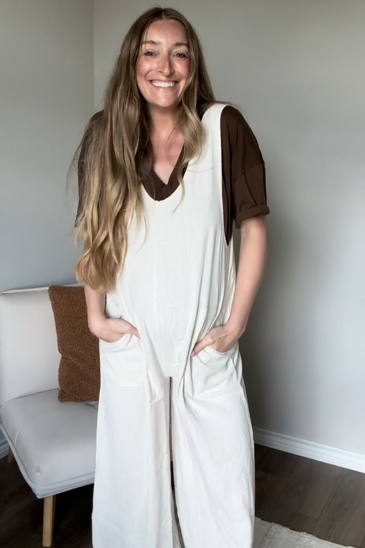 Beige V-Neck Wide Leg Maternity Jumpsuit