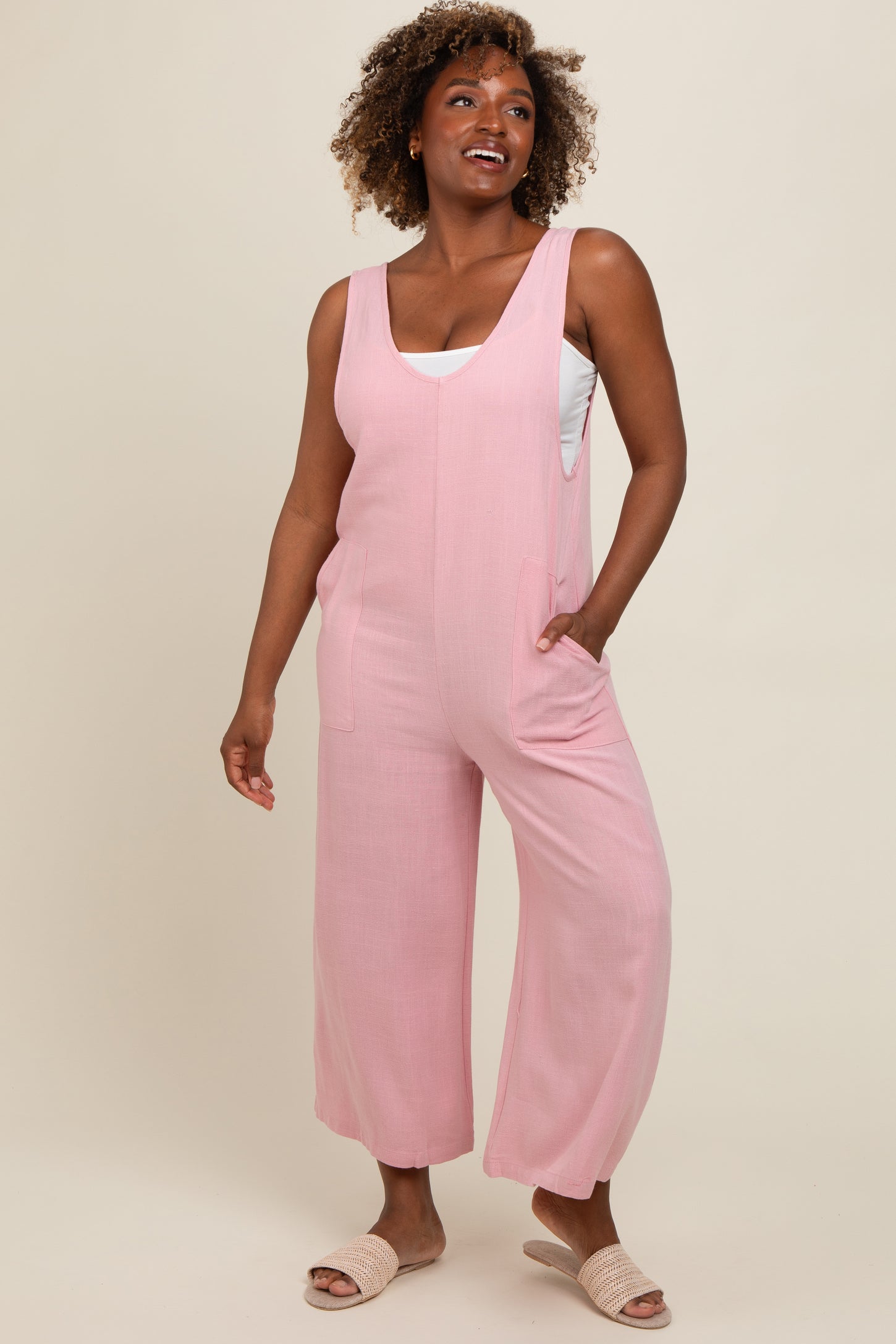 Pink V-Neck Wide Leg Maternity Jumpsuit