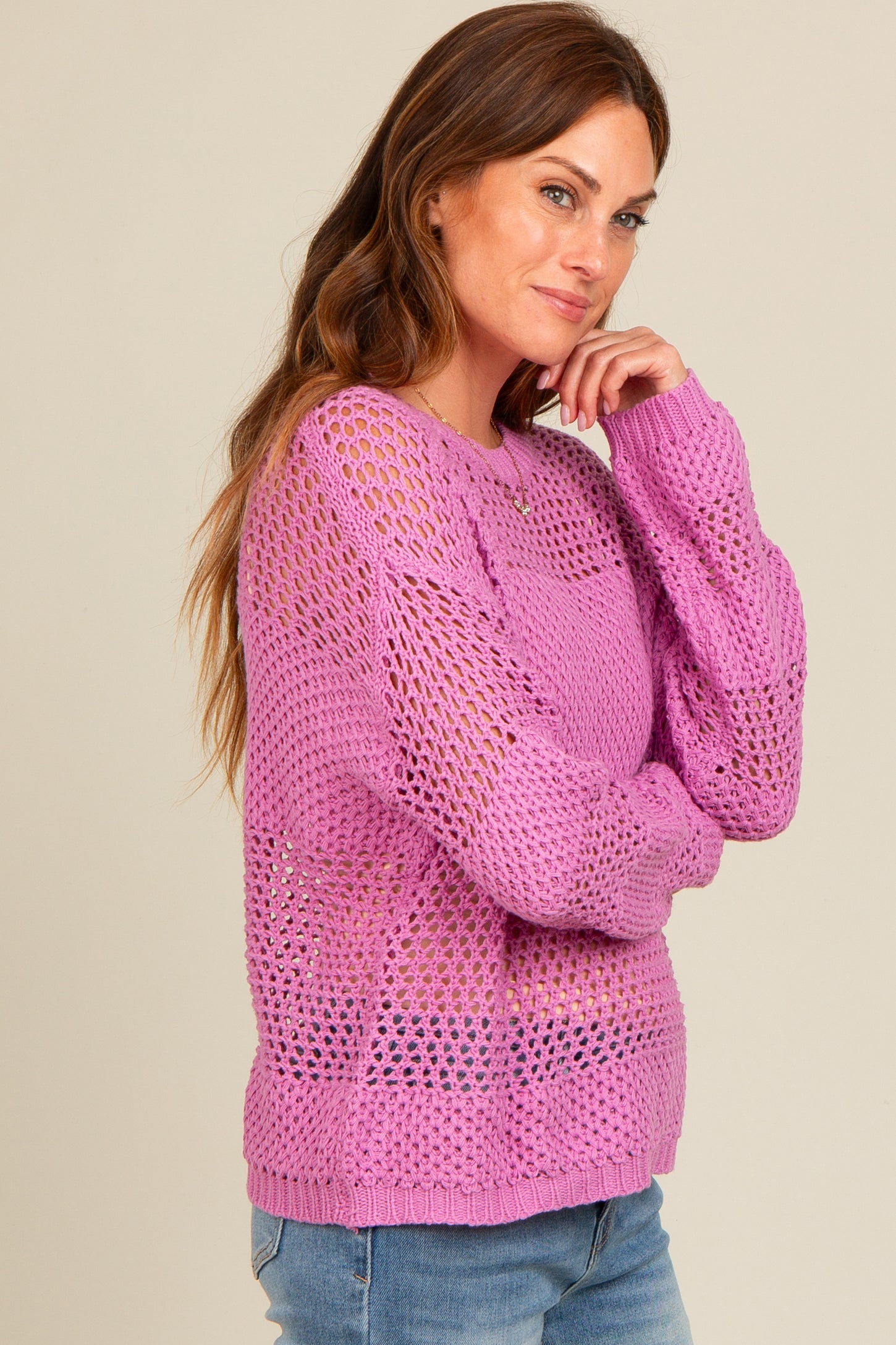 Purple Striped Open Knit Sweater