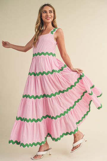 Pink Tiered Trim Midi Dress