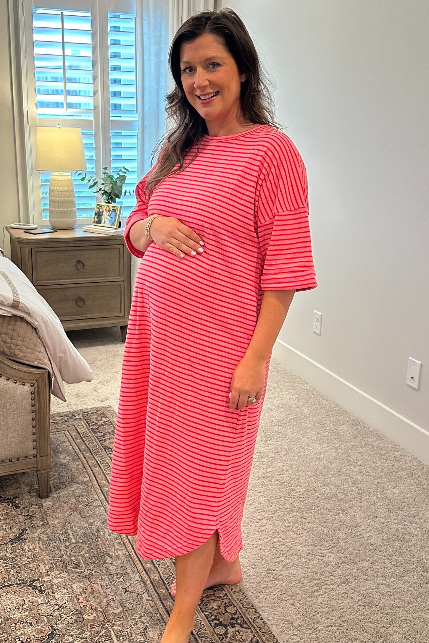 Fuchsia Striped Terry Maternity Maxi Dress