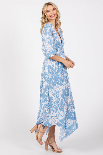 Blue Printed V-Neck Draped Maxi Dress