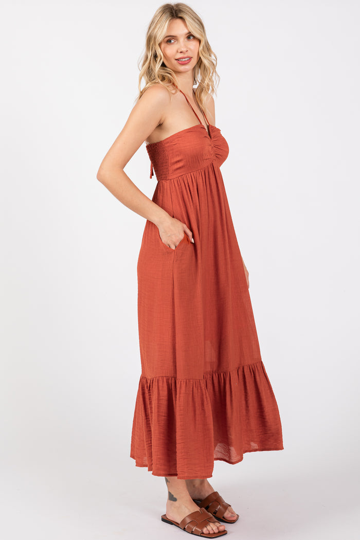 Rust Halter Midi Dress
