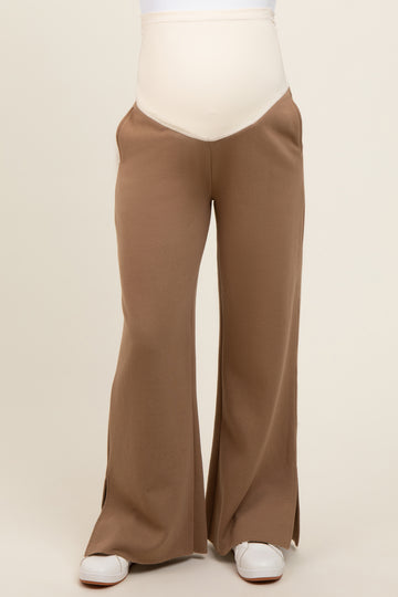 Brown Soft Wide Leg Side Slit Maternity Sweatpants