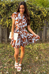 Brown Light Blue Cap Sleeve Button Down Belted Mini Dress