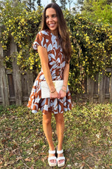 Brown Light Blue Cap Sleeve Button Down Belted Mini Dress