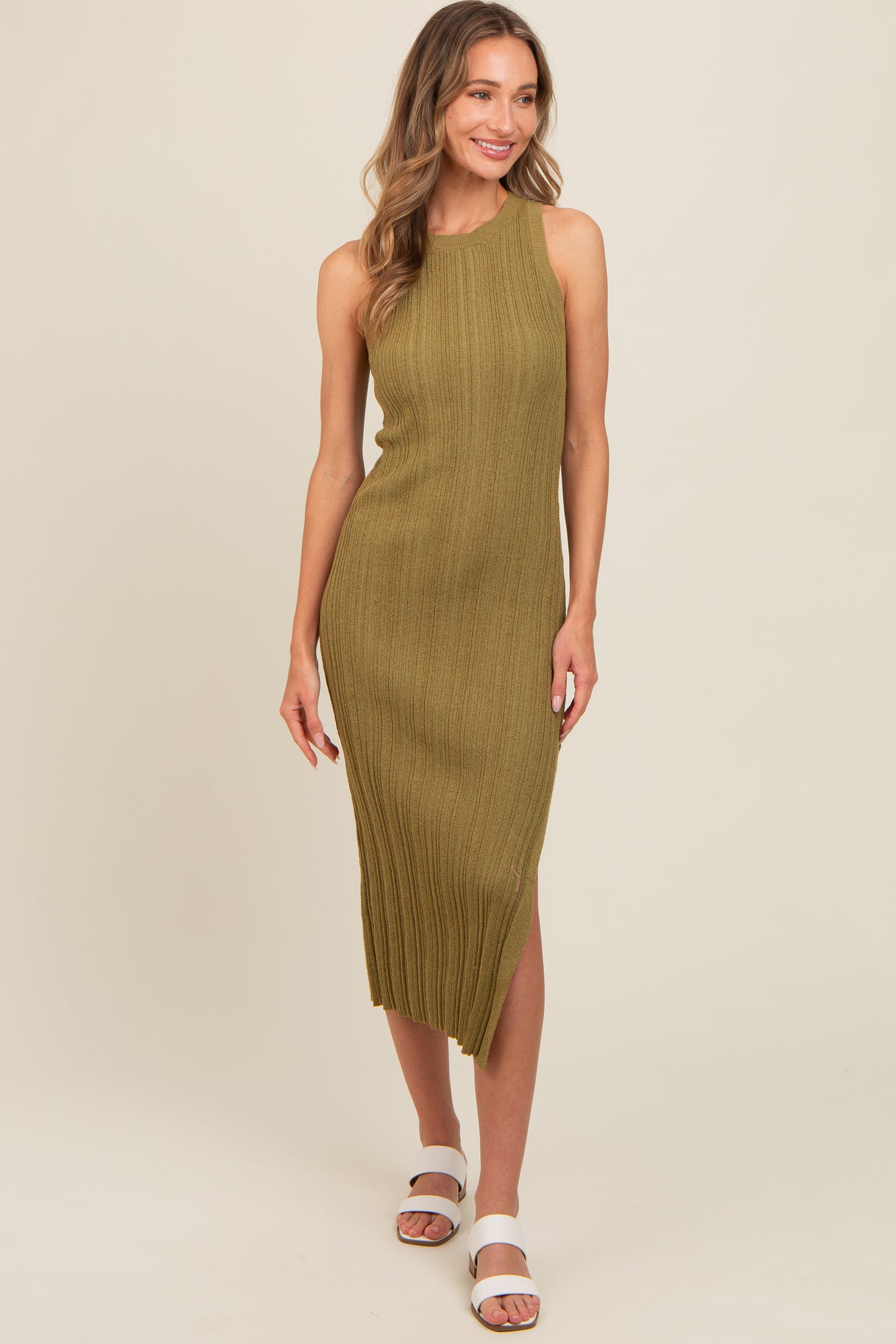 Light Olive Ribbed Side Slit Sleeveless Midi Dress