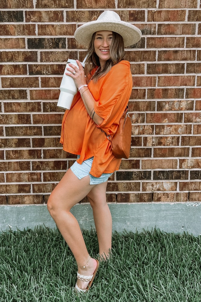 Orange Dolman Sleeve Button Down Maternity Blouse