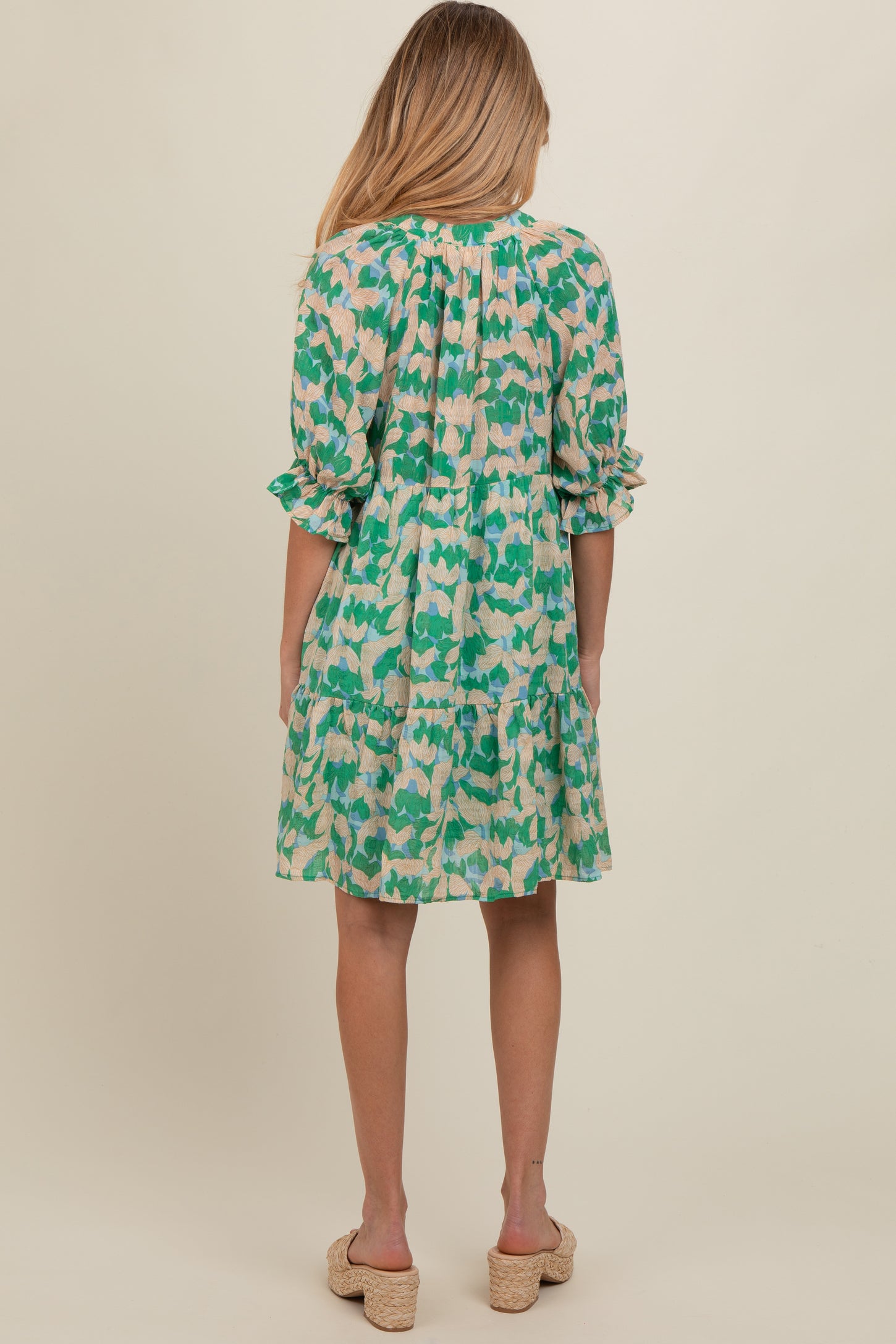 Green Floral Button Tiered Maternity Dress