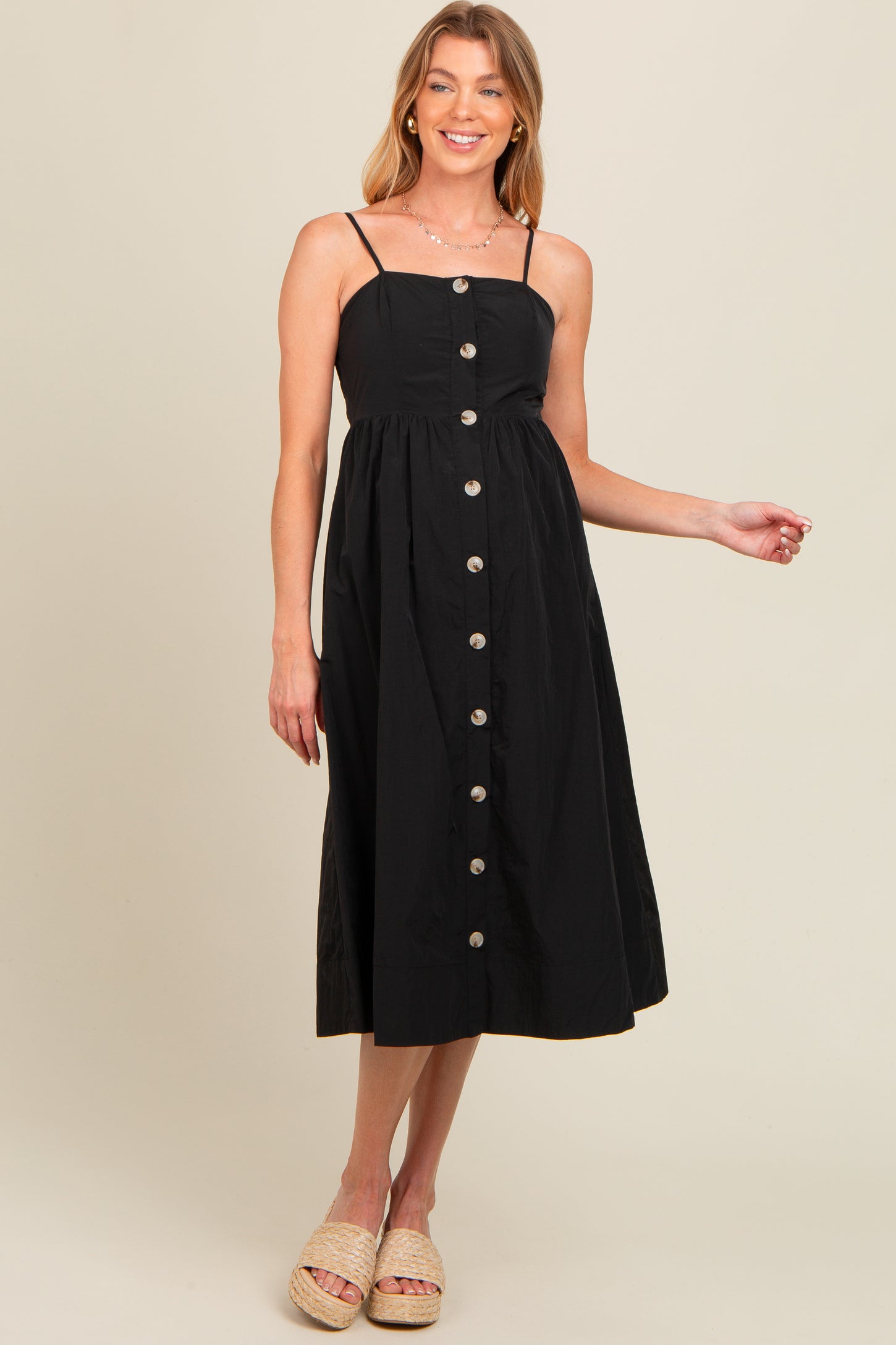 Black Sleeveless Button Down Maternity Midi Dress