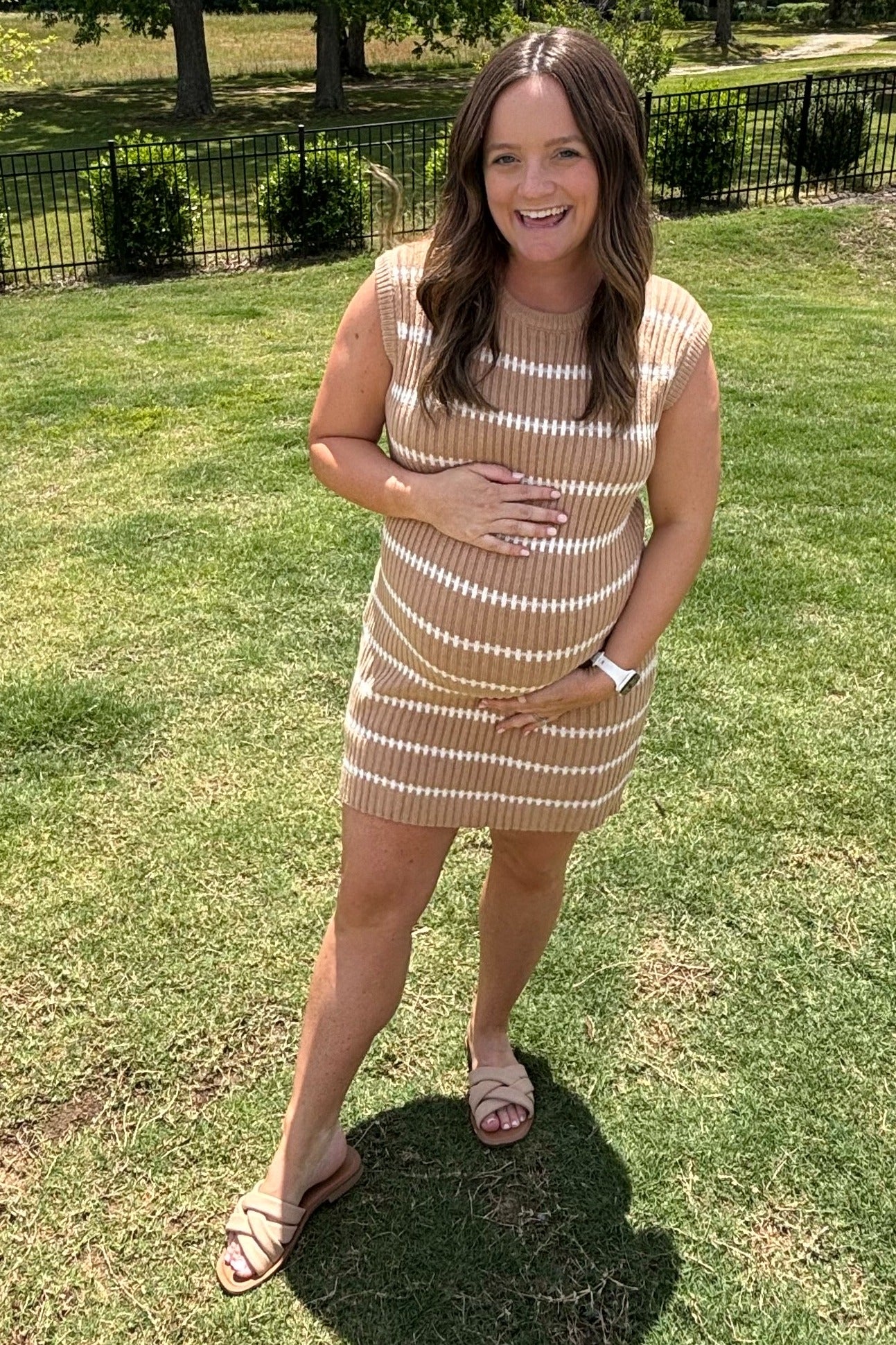 Taupe Striped Sweater Knit Sleeveless Maternity Dress