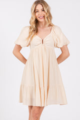 Cream U Notched Bubble Short Sleeve Maternity Dress