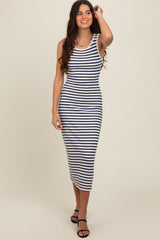 Navy Blue Sleeveless Round Neck Striped Rib Sweater Midi Dress