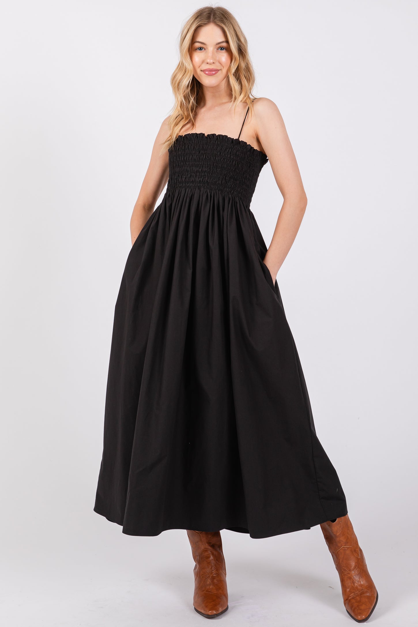 Black Smocked Pocketed Midi Dress