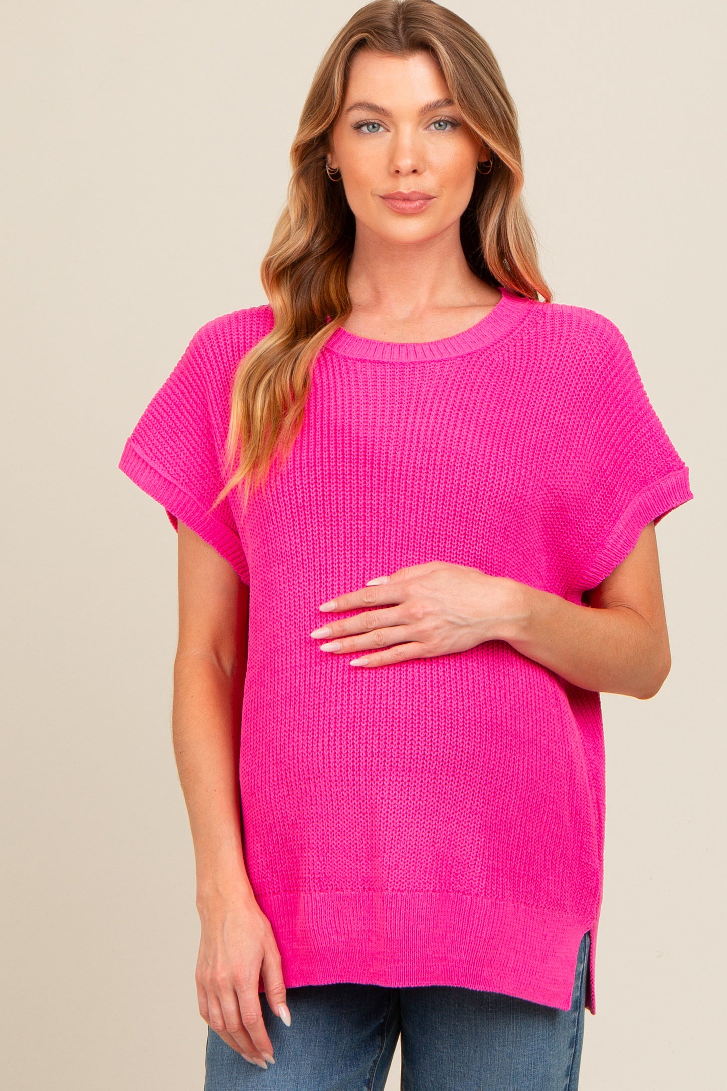 Fuchsia Dolman Short Sleeve Side Slit Maternity Sweater Top