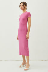 Magenta Rib Knit Back Slit Dress